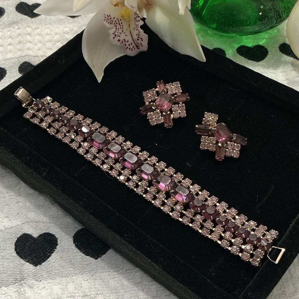 Vintage Elegant Purple Crystal Bracelet and Clip-On Earring Set